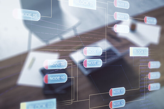 Multi exposure of abstract software development hologram and modern desktop with laptop on background, research and analytics concept