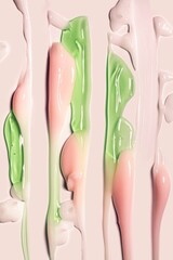 Cosmetic textures green gel and pink cream balm on pink background