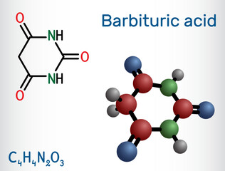 Barbituric acid, malonylurea or 6-hydroxyuracil molecule. It is parent compound of barbiturate drugs. Structural chemical formula and molecule model.