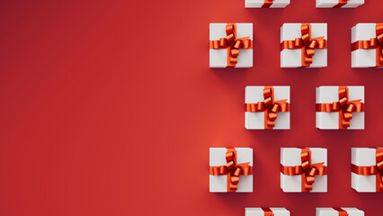 New Year white gift boxes with red ribbon on red background in perfect order. Gift hexagonal ayout. 3d render illustration