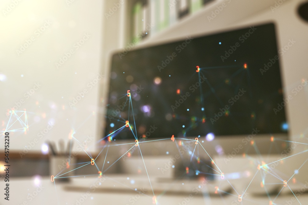 Aufkleber Creative abstract technology sketch and modern desk with computer on background, future technology and AI concept. Double exposure