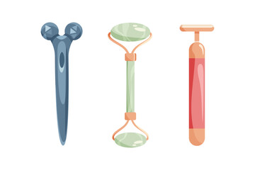 Set of facial massage tools. Jade stone roller and silver metal ball roller isolated on white. Beauty concept, anti-aging, lifting at home. Facial Acupoints