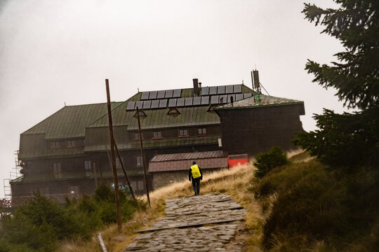 mountain shelter Strzecha Akademicka in the karkonosze mountains in Poland in foggy autumn
