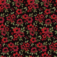 Seamless floral pattern, vintage flower print with dark botanical arrangement. Cute ditsy design with small hand drawn plants: red flowers, leaves on a black background. Vector botanical illustration.