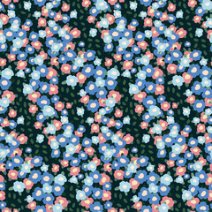 Seamless floral pattern, pretty ditsy print with delicate flowers field. Cute flower background design with tiny hand drawn flowers, small leaves in liberty arrangement. Vector botanical illustration.