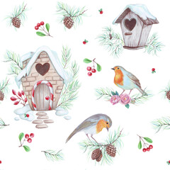 Seamless christmas pattern with robin birds 