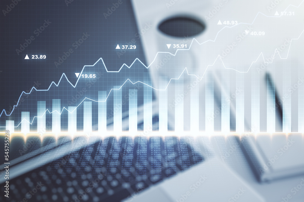 Poster multi exposure of abstract creative financial graph on modern computer background, forex and investm