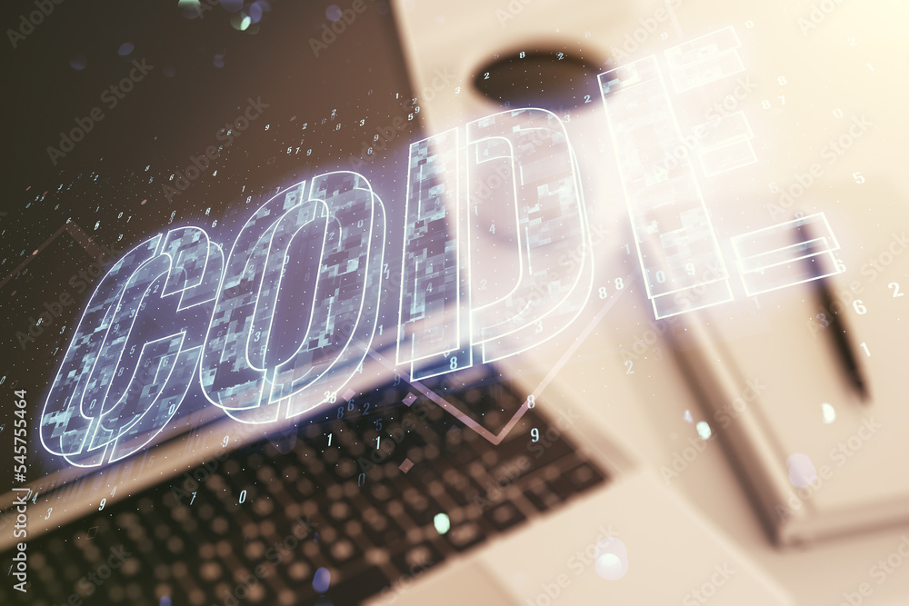 Poster creative code word hologram on modern computer background, artificial intelligence and neural networ
