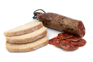 Iberian chorizo, is a Spanish sausage. Isolated on white background. Spanish food concept.