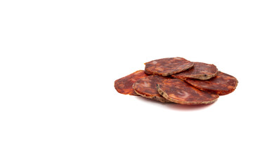 Iberian chorizo, is a Spanish sausage. Isolated on white background. Spanish food concept.