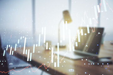 Double exposure of abstract creative financial diagram on modern laptop background, banking and accounting concept