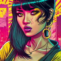 Naklejka premium Attractive Asian American woman, Manga character design, anime style
