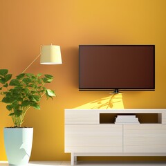 TV on cabinet in modern living room with lamp,table,flower and plant on yellow illuminating wall background,3d rendering