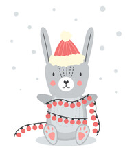 Cute rabbit character in garland. Ilustration for nursery wall art in scandinavian style.