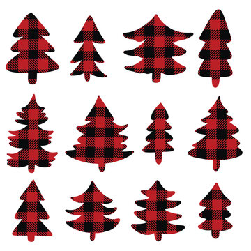 Set of different Christmas tree hand drawn silhouettes with Classic Buffalo Plaid Lumberjack ornament. Red and black checkered flannel print different fir tree collection. Winter holidays, Christmas,