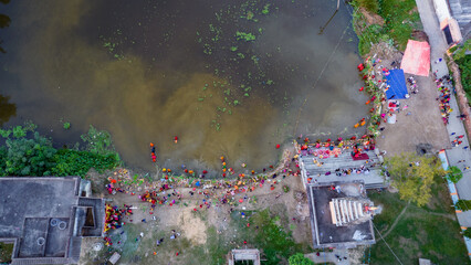 Aerial view of Chhath puja festival celebrated in the Indian states of Bihar, Uttar Pradesh, West Bengal, Jharkhand and also in the Nepal country, Chhath Mahaparv celebrated in the temple complex