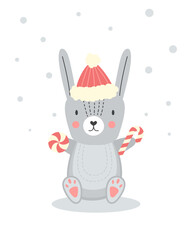 Cute rabbit character with candy cane. Christmas ilustration for nursery wall art in scandinavian style.