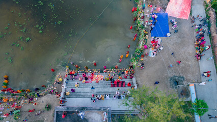 Aerial view of Chhath puja festival celebrated in the Indian states of Bihar, Uttar Pradesh, West Bengal, Jharkhand and also in the Nepal country, also known as chhath mahaparv