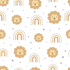 Cute lion heads with rainbows seamless vector pattern