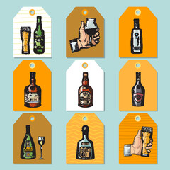 Fototapeta na wymiar Alcoholic drinks cards. template badges for restaurant menu with various drinks bottles. vector pictures