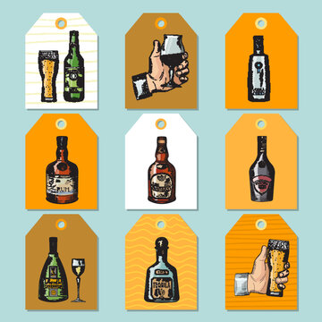 Alcoholic drinks cards. template badges for restaurant menu with various drinks bottles. vector pictures