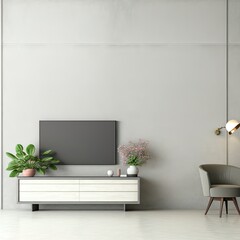 Cabinet for TV in modern living room with armchair,lamp,table,flower and plant on concrete wall background.3D rendering