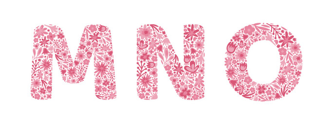 Floral letters M, N, O. Font of pink flowers. Alphabet. Doodle. Vector