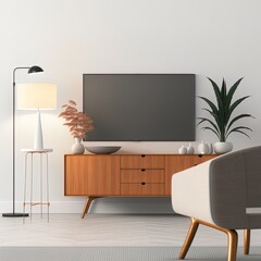 TV on cabinet in modern living room with armchair,lamp,table,flower and plant on white wall background,3d rendering