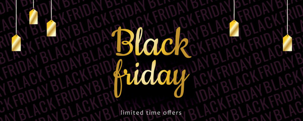 Horizontal banner for Black Friday season sales. Special offer leaflet with golden lettering and labels. Limited time offers. With patterned background in black. Elegant template for shop discount.