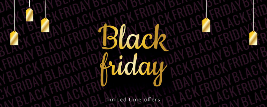 Horizontal banner for Black Friday season sales. Special offer leaflet with golden lettering and labels. Limited time offers. With patterned background in black. Elegant template for shop discount.