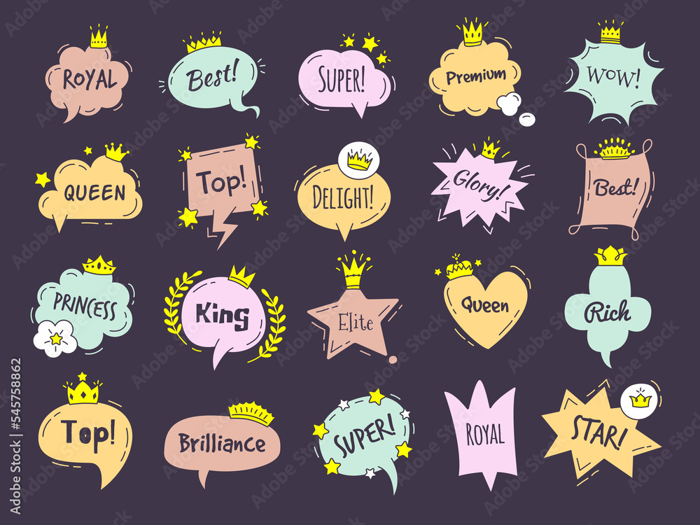 Sticker Dialogue graphic shapes. Luxury comic bubbles queen or princess crowns and diadem recent vector templates