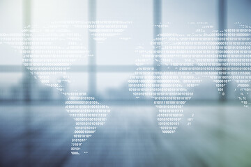 Fototapeta premium Abstract creative digital world map on modern interior background, globalization concept. Multiexposure