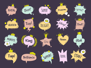 Dialogue graphic shapes. Luxury comic bubbles queen or princess crowns and diadem recent vector templates