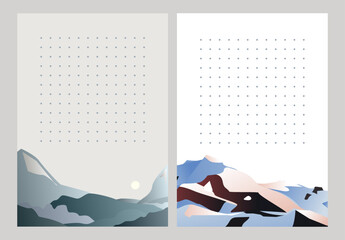 Graph paper. Printable dotted grid paper. Gratitude Journal Customizable Interior. Geometric abstract dotted transparent illustration with dots. Mountain landscapes on background