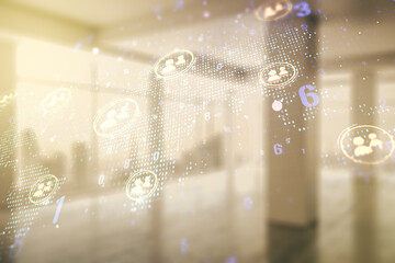 Double exposure of social network icons interface and world map on empty room interior background. Networking concept
