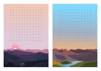 Graph paper. Printable dotted grid paper. Gratitude Journal Customizable Interior. Geometric abstract dotted transparent illustration with dots. Mountain landscapes on background