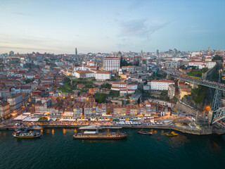 Aerial view of Porto, Gaia, Ribeira and Douro River at sunset