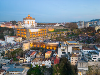 Naklejka premium Aerial view of Porto, Gaia, Ribeira and Douro River at sunset