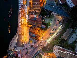 Aerial view of Ribeira's Tunnel in Porto, at night