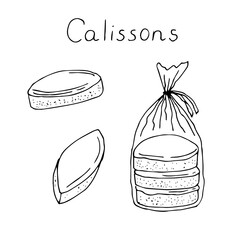 Calissons set French cakes vector illustration, hand drawing sketch