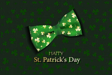 card for St. Patrick's day. 3d clover effect vector. The bow tie. Realistic banner design..