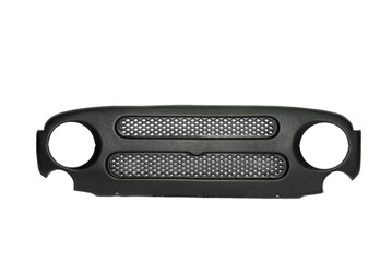 Black car radiator grill with horizontal slots and mesh front view isolated on transparent background.