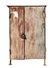 Rusty brown outdoor two-door metal wardrobe with legs padlocked close-up isolated on a white background.