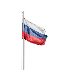 Tricolor flag of Russia white blue red on a flagpole isolated on a white transparent background.