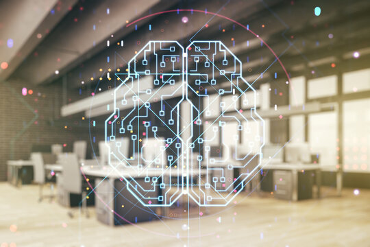 Virtual creative artificial Intelligence hologram with human brain sketch on a modern furnished office background. Multiexposure