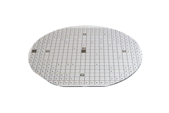 Semiconductor chip of a microcircuit of a powerful Darlington transistor on a semiconductor silicon multilayer wafer isolated on a white transparent background.