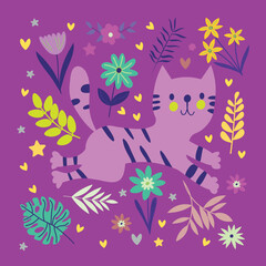 Colorful card with cat and flowers on dark background Scandinavian cartoon style. For web, posters, invitations, postcards, greeting cards, flyers, etc. EPS
