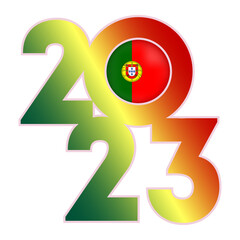 Happy New Year 2023 banner with Portugal flag inside. Vector illustration.