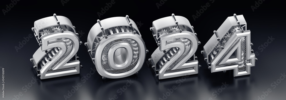 Aufkleber the new technological year of 2024. designed in modern steampunk style a row of 3d digits, which are