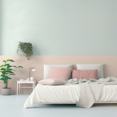 Home interior wall mock up with unmade bed, cushions and plant in pastel minimal bedroom. Free space. 3D rendering.
